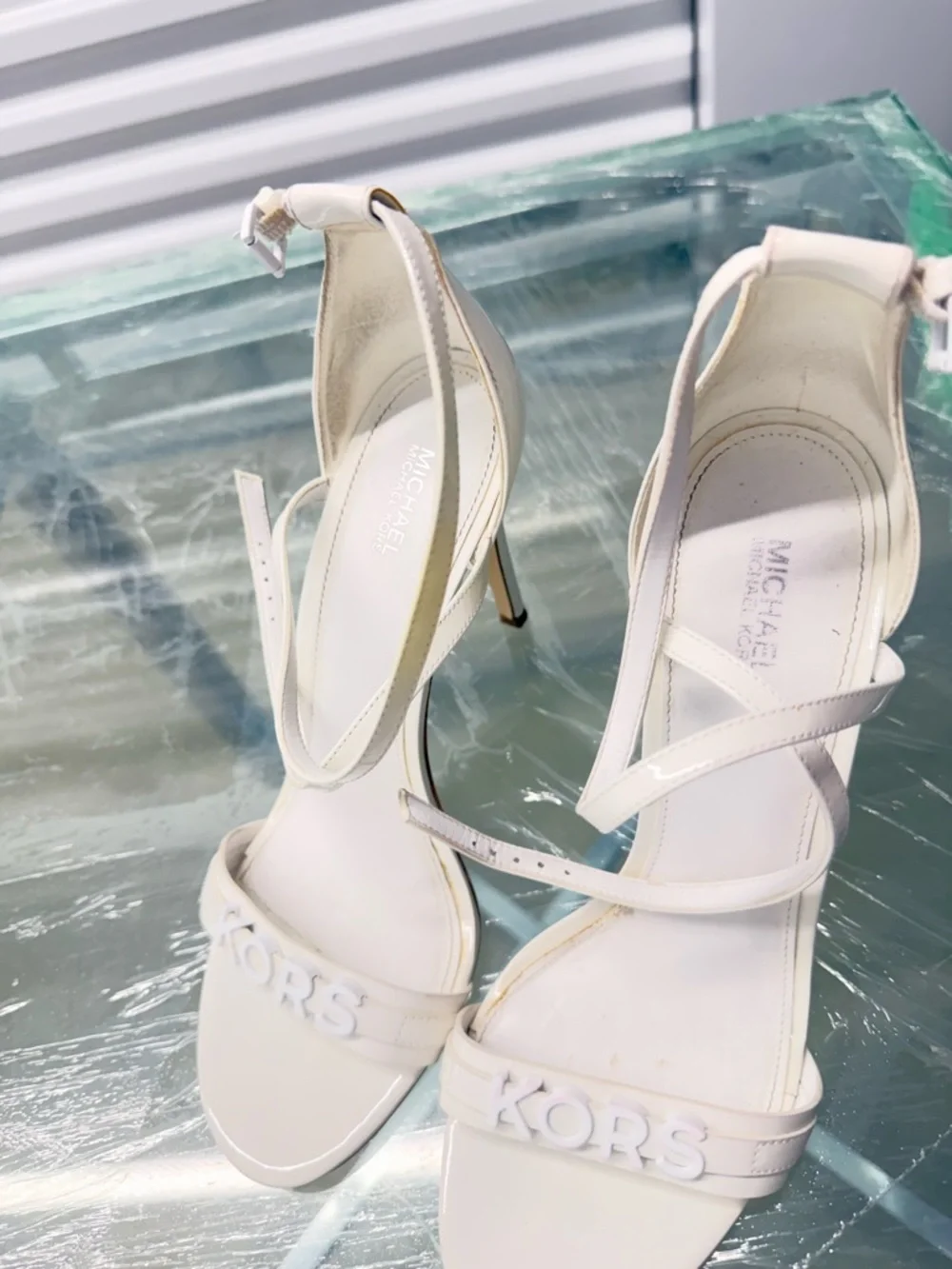 Michael Kors Cream Strappy Stiletto Sandals with KORS Logo - Picture 1 of 3